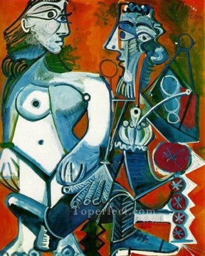 パブロ・ピカソ Painting - 裸で立っている女性とパイプを持つ男性 1968 年キュビスト パブロ・ピカソ